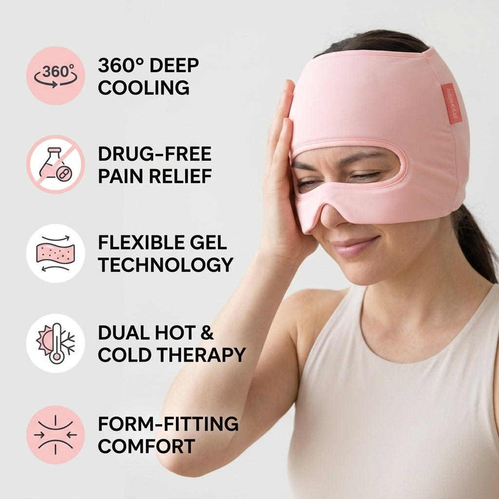 Migraine Relief Cap with Eye Holes, 3-in-1 Cooling Headache Cap with Detachable Eye Mask, Reusable Gel Ice Pack Face Head Wrap, Hot & Cold Therapy Hat for Stress,Hangover Relief at Home