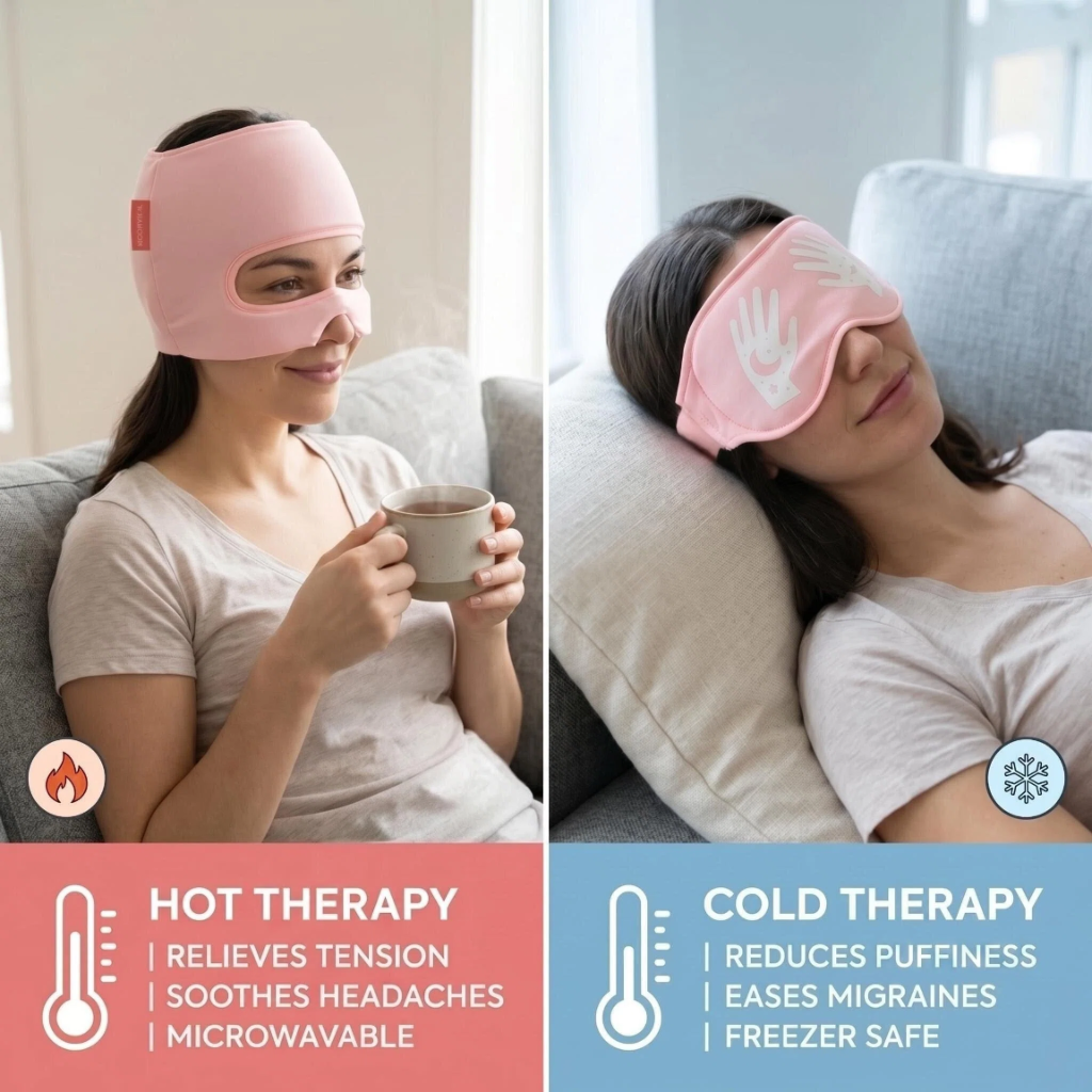 Migraine Relief Cap with Eye Holes, 3-in-1 Cooling Headache Cap with Detachable Eye Mask, Reusable Gel Ice Pack Face Head Wrap, Hot & Cold Therapy Hat for Stress,Hangover Relief at Home