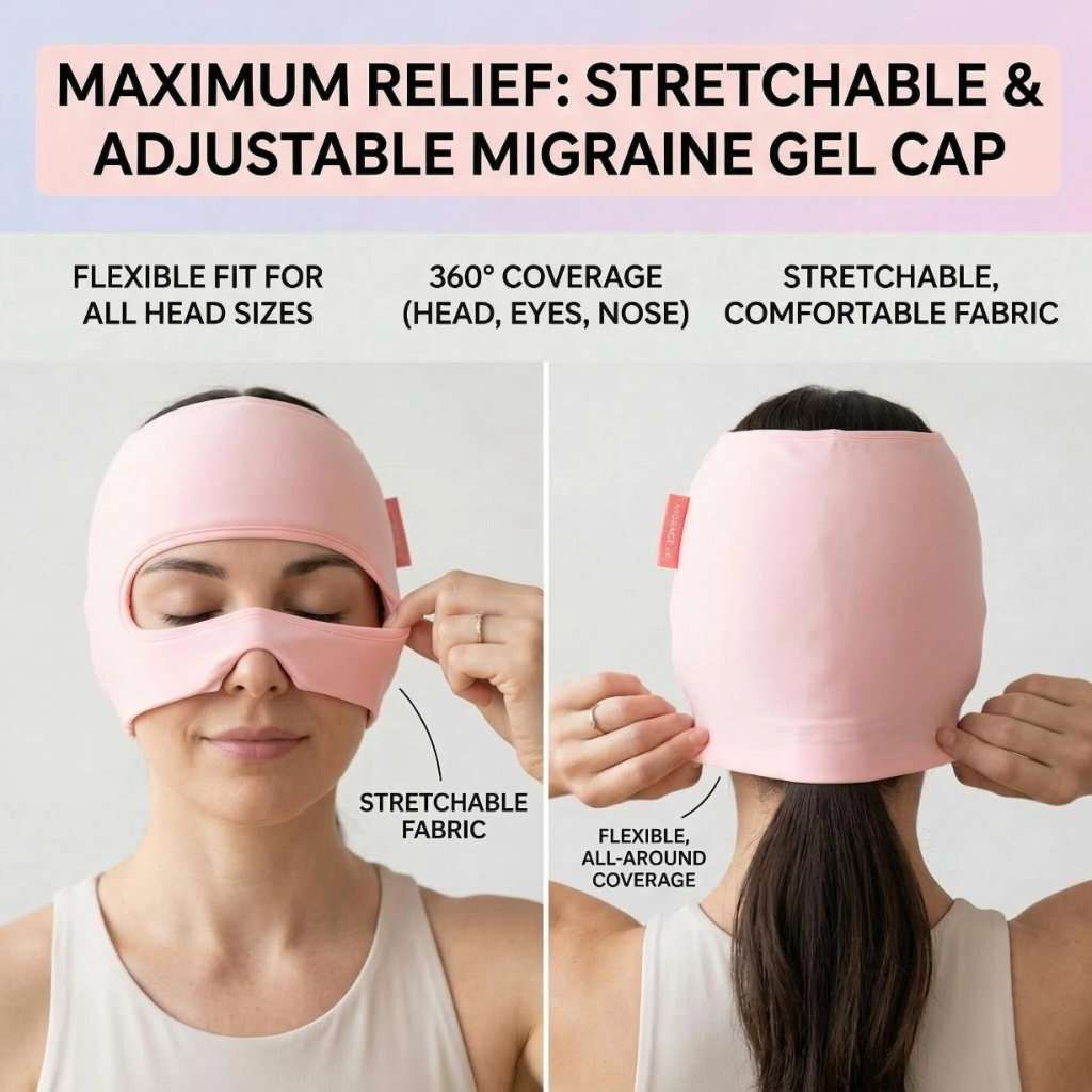 Migraine Relief Cap with Eye Holes, 3-in-1 Cooling Headache Cap with Detachable Eye Mask, Reusable Gel Ice Pack Face Head Wrap, Hot & Cold Therapy Hat for Stress,Hangover Relief at Home
